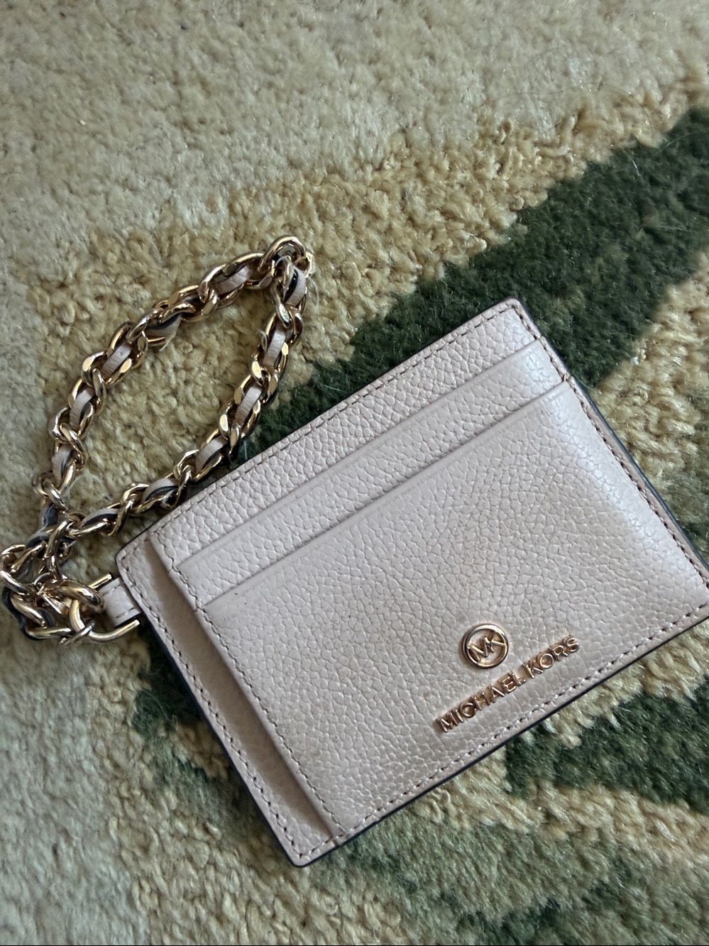 Michael Kors Cream Pebbled Leather Card Holder with Gold Chain